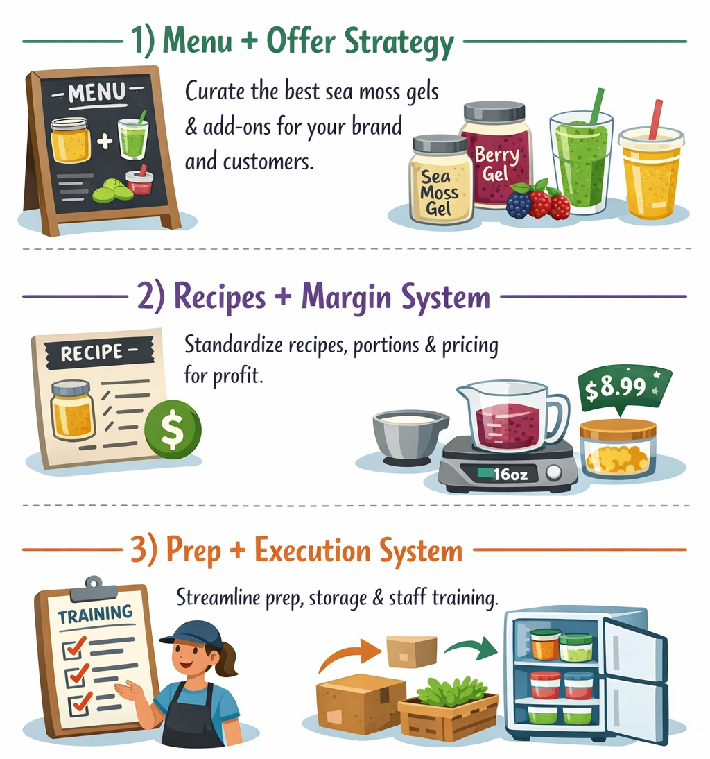 A three-panel illustrated infographic explaining a food business strategy: 1) Menu + Offer Strategy with chalkboard menu and gel jars, 2) Recipes + Margin System with recipe card, scale, and jars, and 3) Prep + Execution System with training clipboard, boxes, produce crate, and refrigerator.